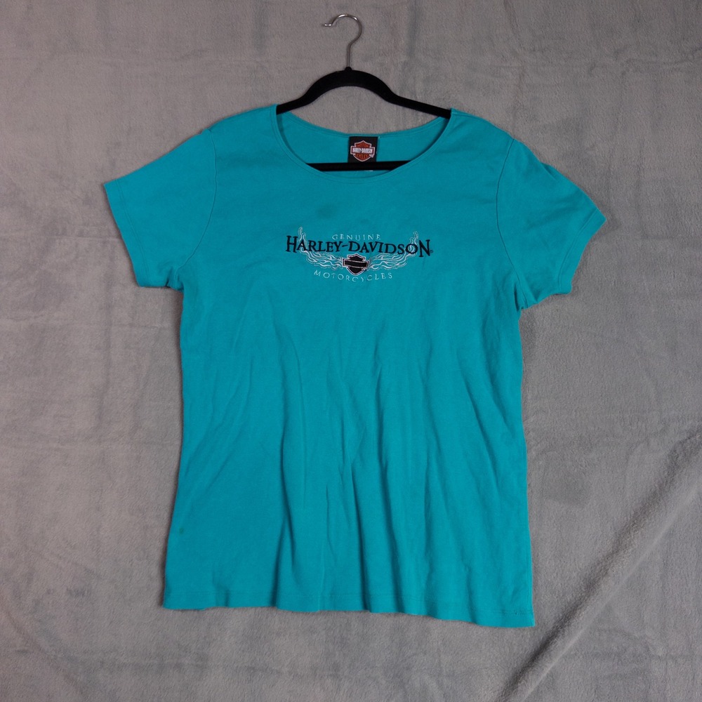 Harley-Davidson T-Shirt Women 2X Teal Blue Good Embroidered Logo Mentor OH Tee